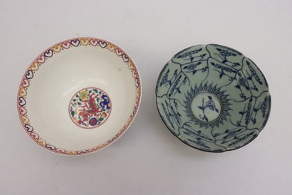 a famille rose bowl, and a blue on celadon bowl