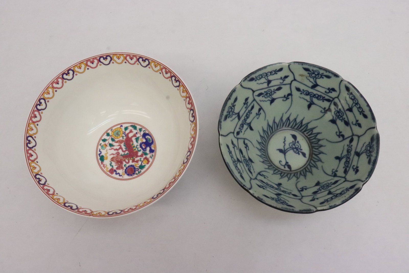 a famille rose bowl, and a blue on celadon bowl: 2 pieces; a famille rose porcelain bowl (3.2"x6.15"dia), and a blue on celadon bowl (2.6"x5.75"dia)