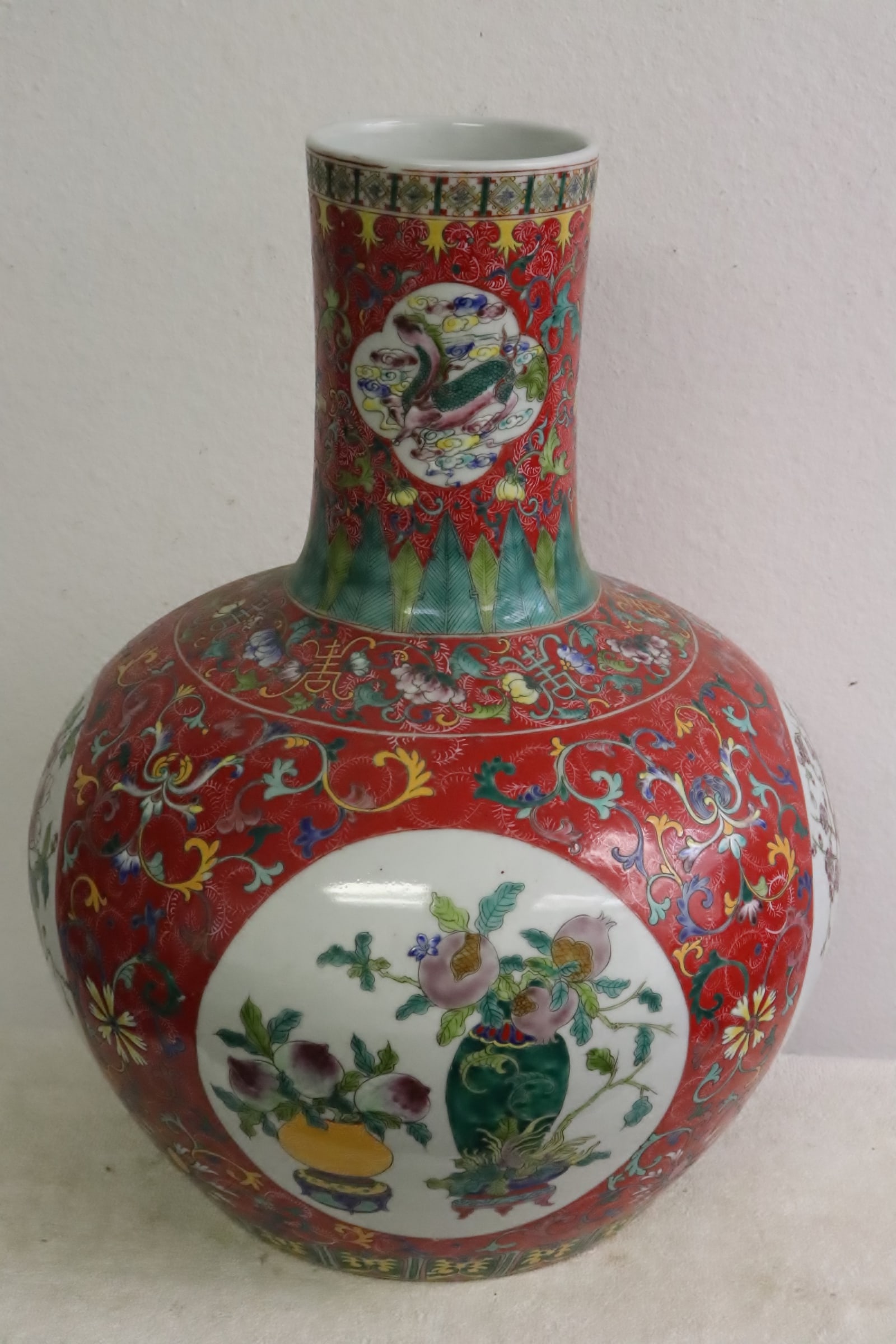 Large Chinese famille rose porcelain bottle vase: Large Chinese famille rose porcelain bottle vase, 19.9"x15.35"dia