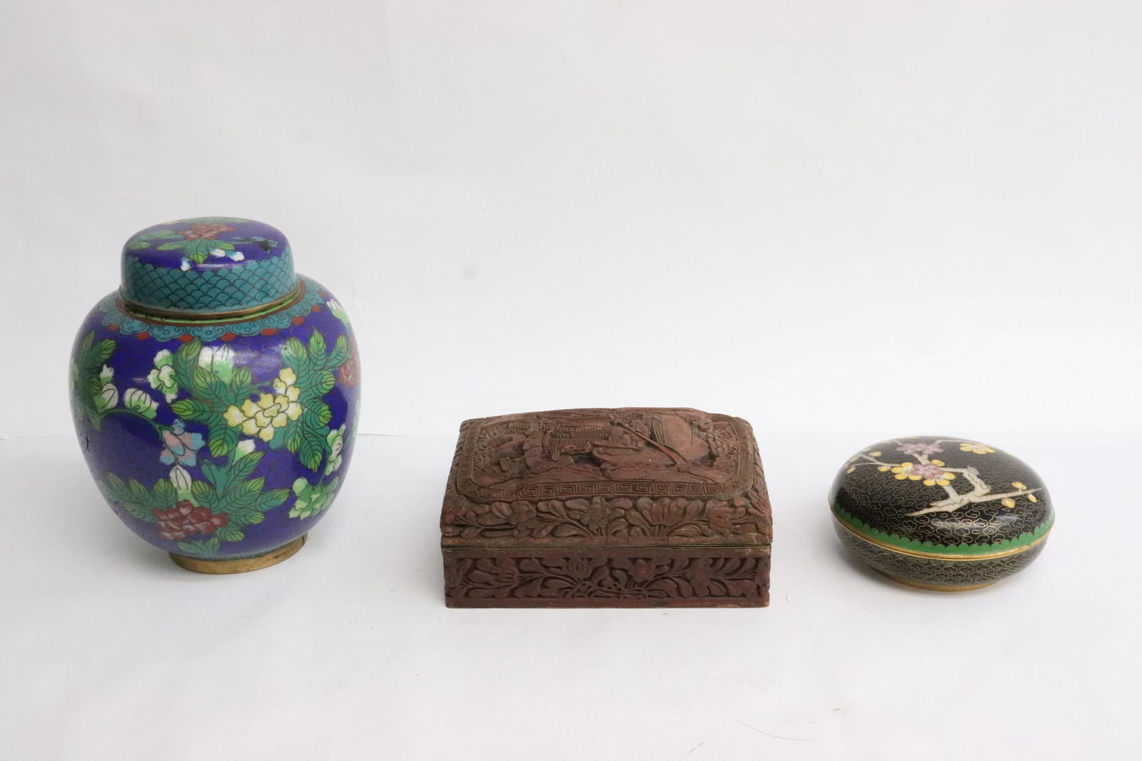2 cloisonne pieces, and a cinnabar style box: 3 pieces; a cloisonne box (1.9"x3.85"dia), a cloisonne jar (6.15"x5.2"dia), and a cinnabar style box (2.6"x5.6"x3.8")