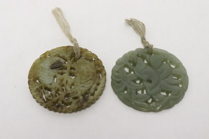 2 jade like stone carved discs