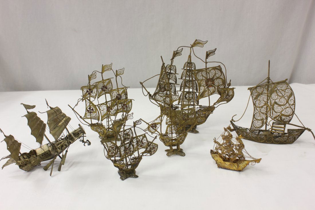 7 wired ship models: 7 wired ship models (3.25"H-8"H), including a Chinese example (6.25"H)