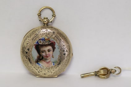 19th c. enamel on 10K Y/G keywind pocket watch