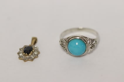 18K W/G turquoise ring, and a 9K sapphire pendant