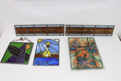 4 pc leaded glass panels, & an artist designed glass panel