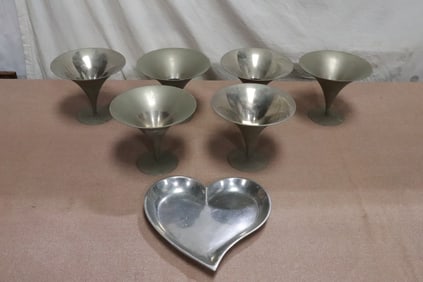 6 nickel plated compote bowls, & a nickle plate plate by Arthur Salm