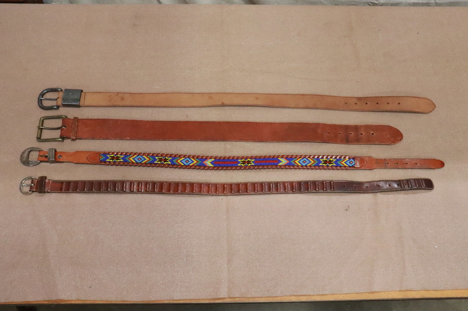 4 old leather belts: 4 old leather belts, 33.2"L - 37.2"L