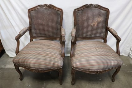 Pair French walnut armchairs with cane back