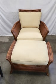 Wicker armchair with cane back and side and matching ottoman