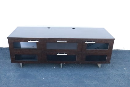 A painted oak long stand with chrome base and handles