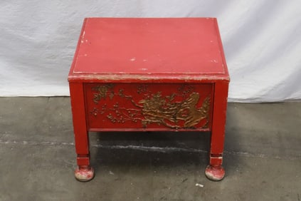 Chinese antique painted red lacquer wood stand with carved and gilt side panels