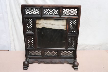Chinese marble plaque w/ rosewood frame & stand