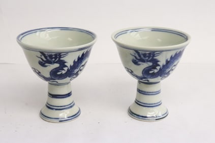 Pair blue and white porcelain stem bowls