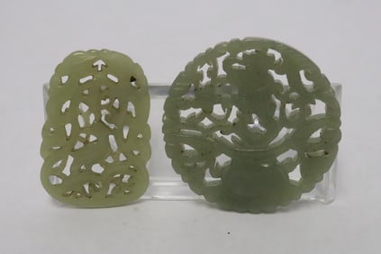 2 celadon jade carved plaques