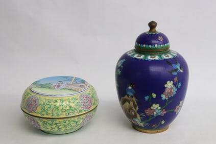 Chinese cloisonne covered jar, & an enamel on copper box