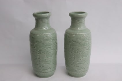 Pair Chinese vintage celadon porcelain vases