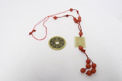 2 pieces Antique Chinese coin and antique Chinese jade plaque w/ an agate bead necklace