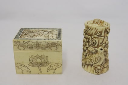 2 fine bone carved boxes