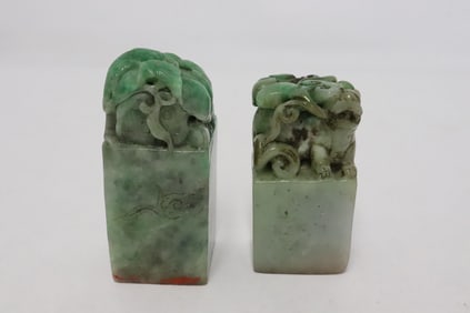2 fine jadeite like stone carved seals
