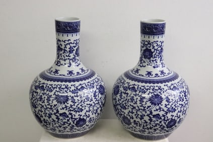 Pair large Chinese blue & white porcelain bottle vases