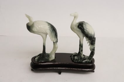 Pair jadeite like stone carved cranes