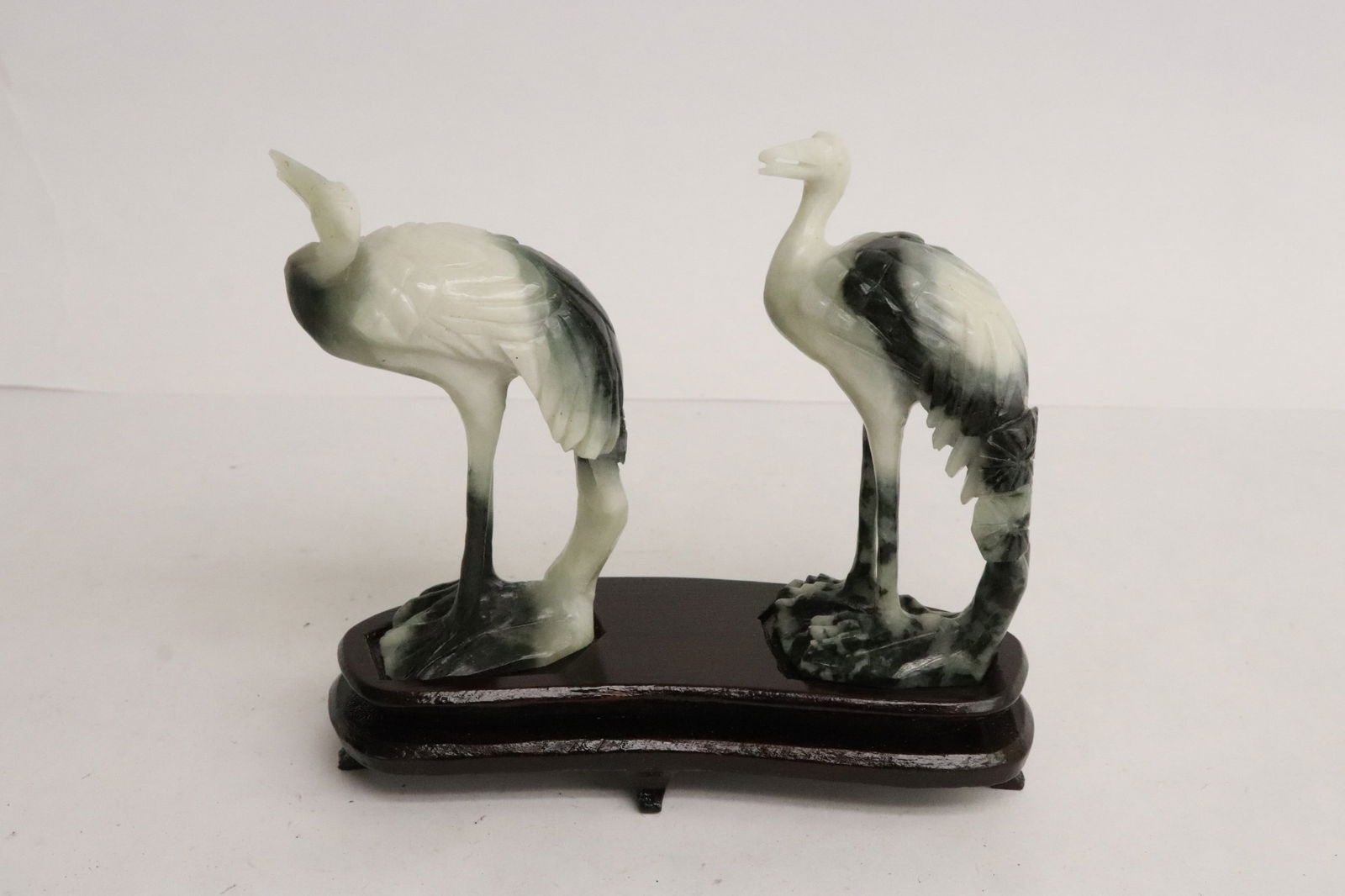 Pair jadeite like stone carved cranes: Pair jadeite like stone carved cranes, 3.8"H, 3.85"H (box: 2.9"x7.4"x7.1")