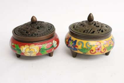 2 cloisonne bronze covered censers