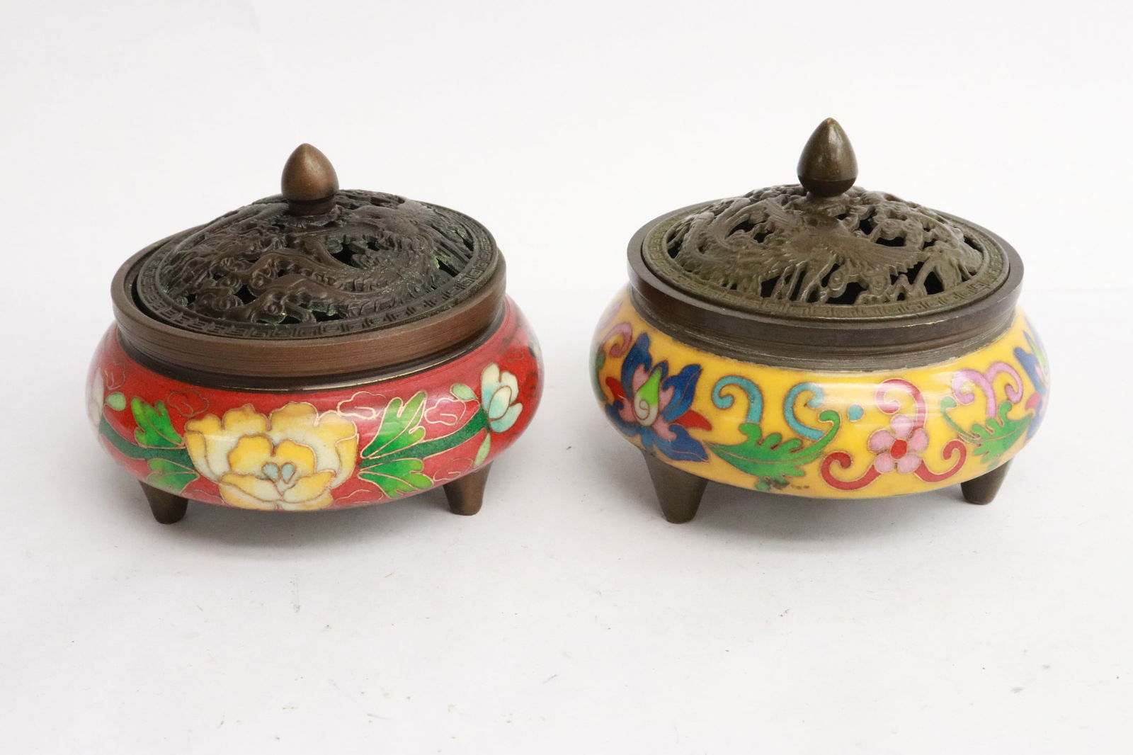 2 cloisonne bronze covered censers: 2 cloisonne bronze covered censers, 2.9"x3.8"dia, 3.15"x3.8"dia