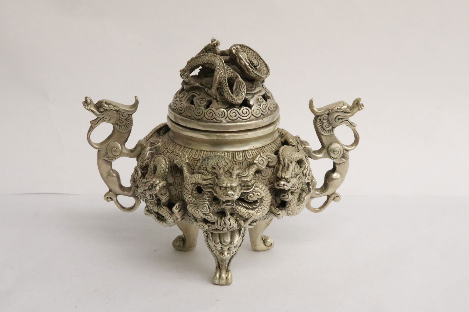 A very fancy white bronze covered censer: A very fancy white bronze covered censer, 5.85"x6.9"x4.95"