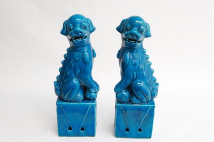 Pair Chinese blue glazed porcelain fulions