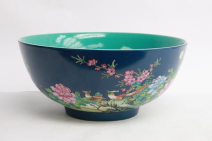 Large Chinese blue background famille rose bowl