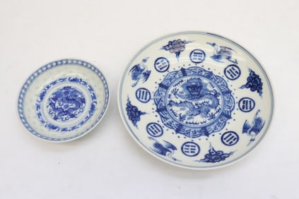 2 blue and white porcelain plates