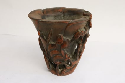 Unusual Chinese bamboo carved libation cup