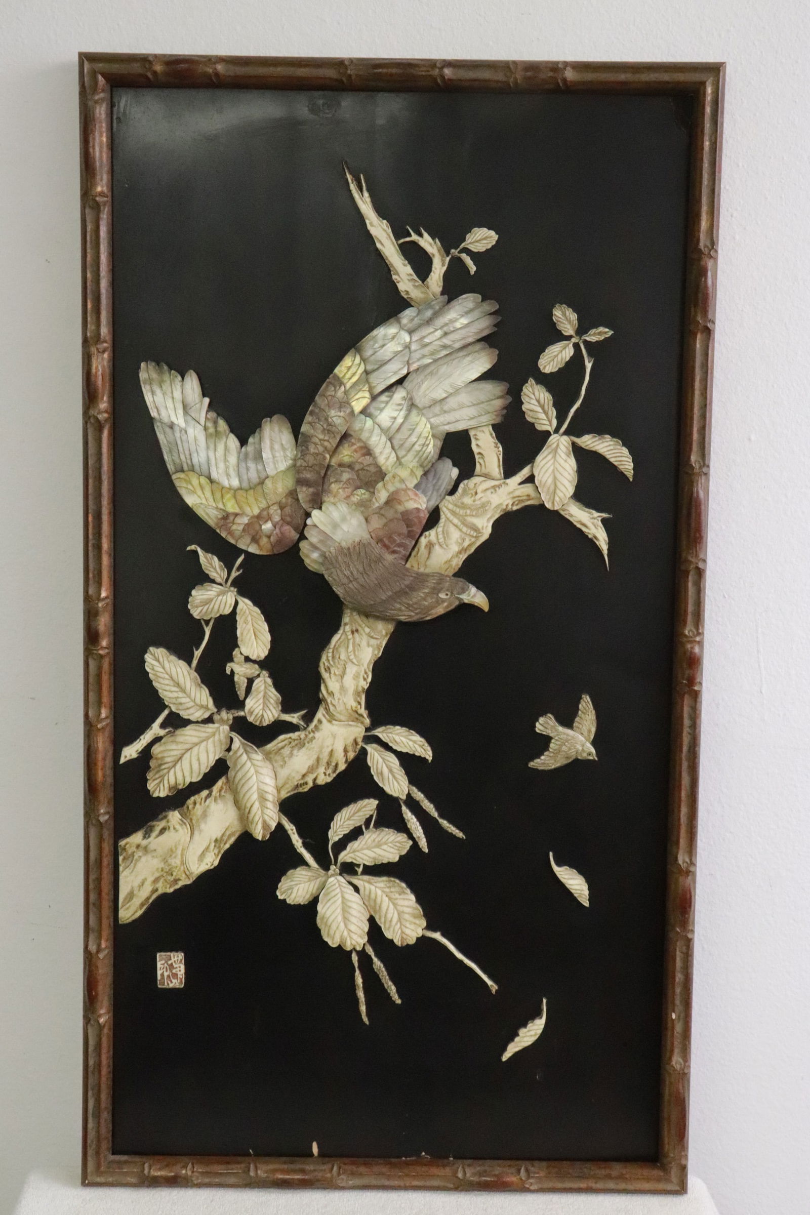 Japanese antique wall panel decorated w/ carved bone & MOP: Japanese antique wall panel with carved bone and mother of pearl decoration in high relief to depict eagle and tree scene, 37.3"x20.5"x1.3"