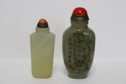 2 jade like stone carved snuff bottles