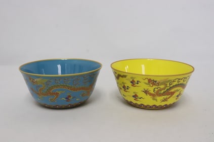 2 enamel on porcelain tea bowls