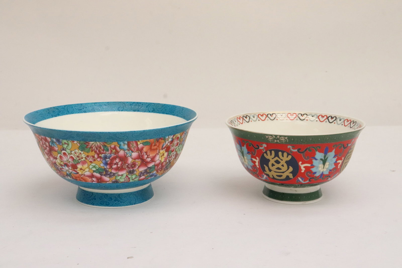 2 enamel on porcelain bowls: 2 enamel on porcelain bowls, 2.8"x5.15"dia, 3.15"x6.25"dia