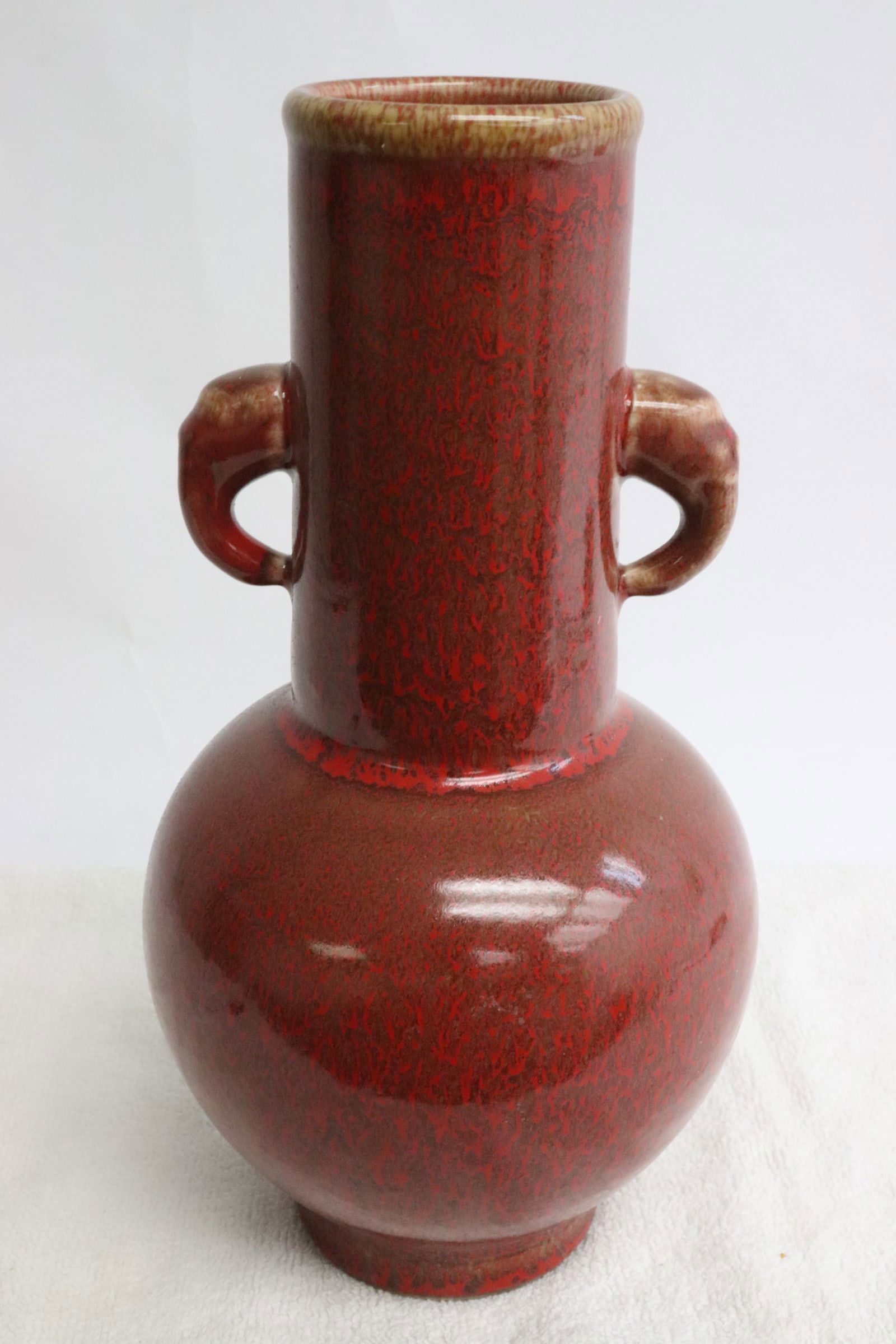Chinese red glazed porcelain handled vase (1 of 10)