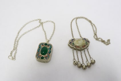 2 white metal ornament w/ insets, attached to necklace