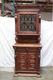 19th c. oak server w/ leaded glass door & fine carvings