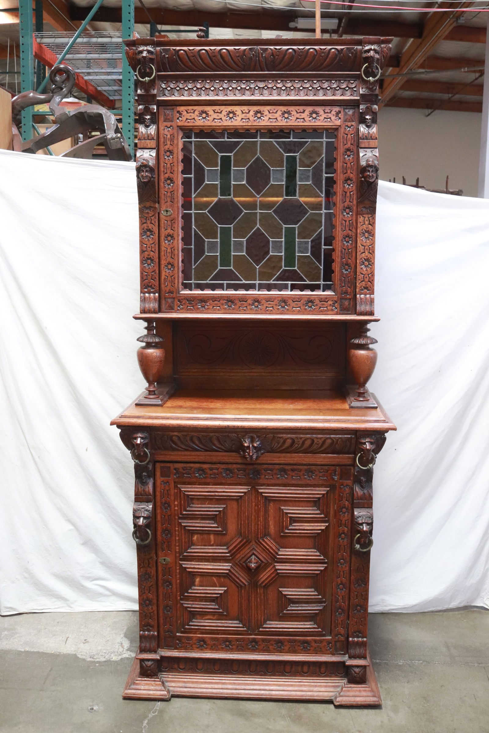 19th c. oak server w/ leaded glass door & fine carvings