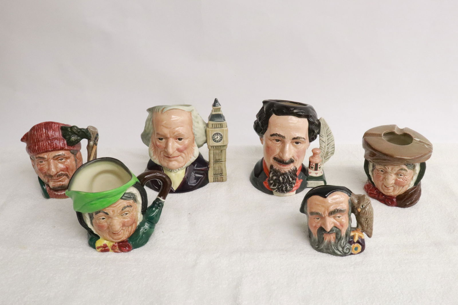 6 Royal Doulton character jugs: 6 Royal Doulton character jugs, 2.7"x3"x1.9" - 4.6"x4.15"x3.6"