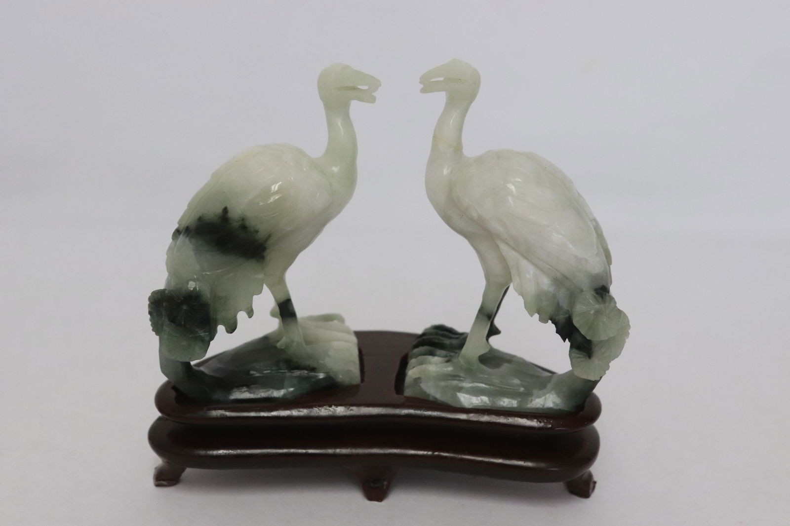 Pair Chinese jade/ jadeite carved cranes: Pair Chinese jade/ jadeite carved cranes, 3.35"H ea