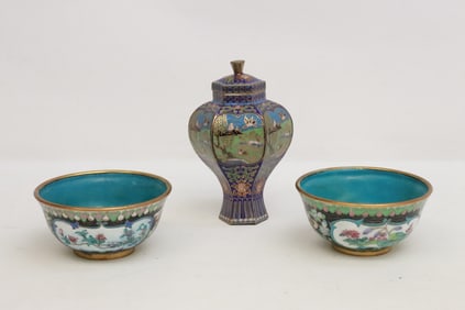 3 pieces cloisonne; 2 bowls, and a covered jar