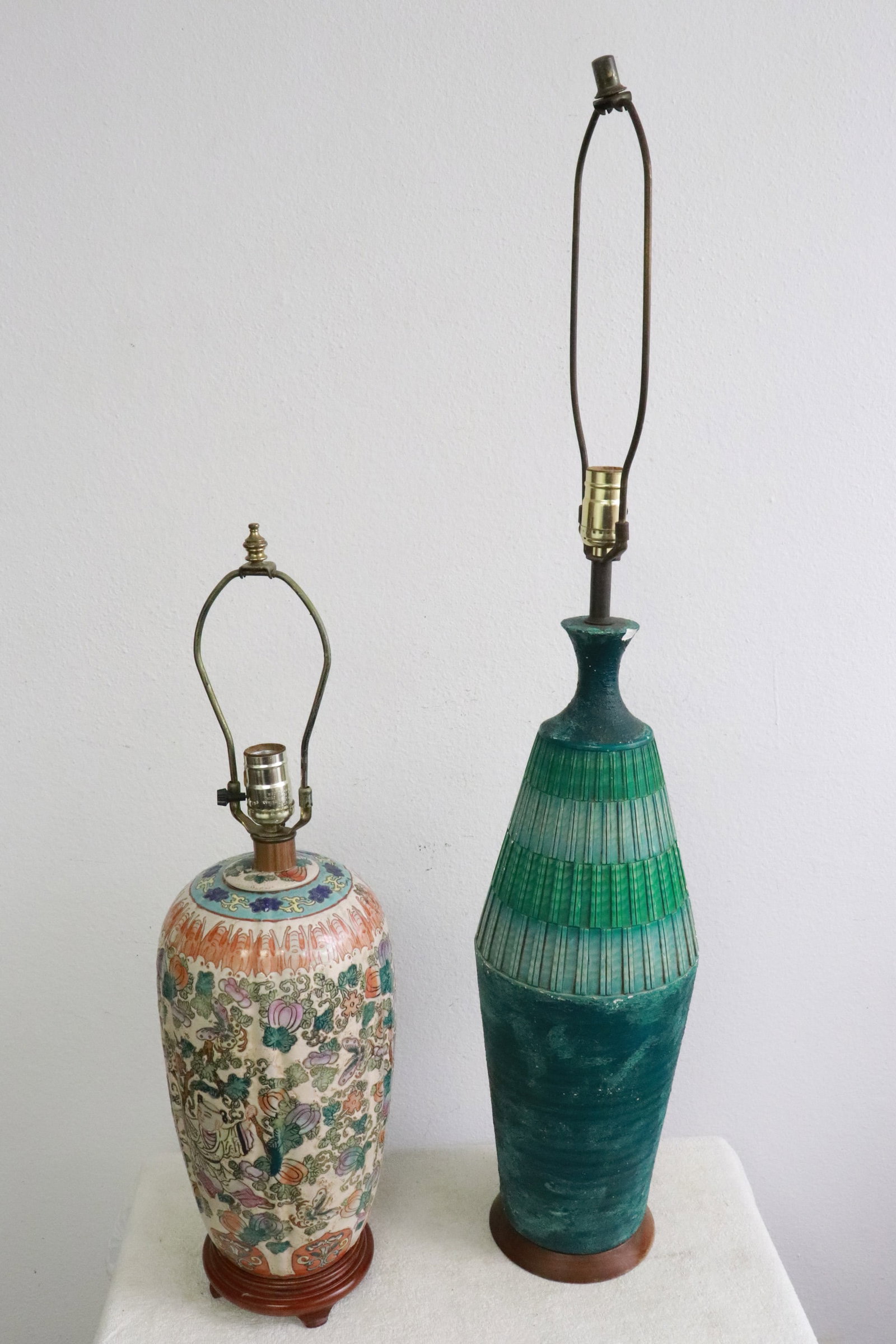 2 lamps; one Chinese famille rose, & one modern: 2 lamps; one Chinese famille rose (15.7"H), and one modern (38.3"H)