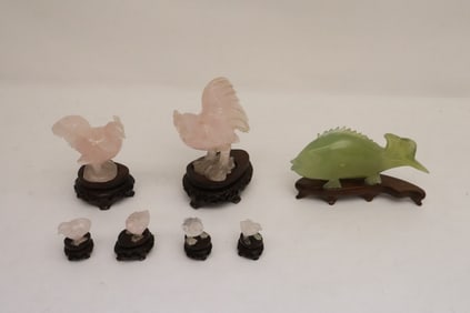 6 rose quartz carved birds, & a Suzhou jade carved fish