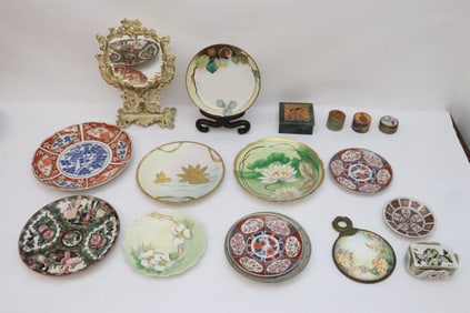 Cast iron mirror, stone carved boxes, & porcelain plates