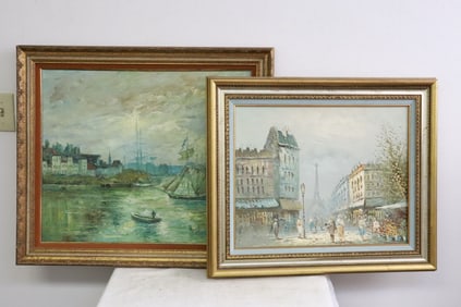 2 oil paintings; "coastal scene", & "Paris street scene"
