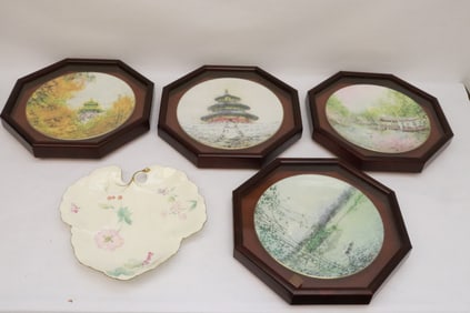 4 plates in display shadow boxes, & a large Mikasa plate