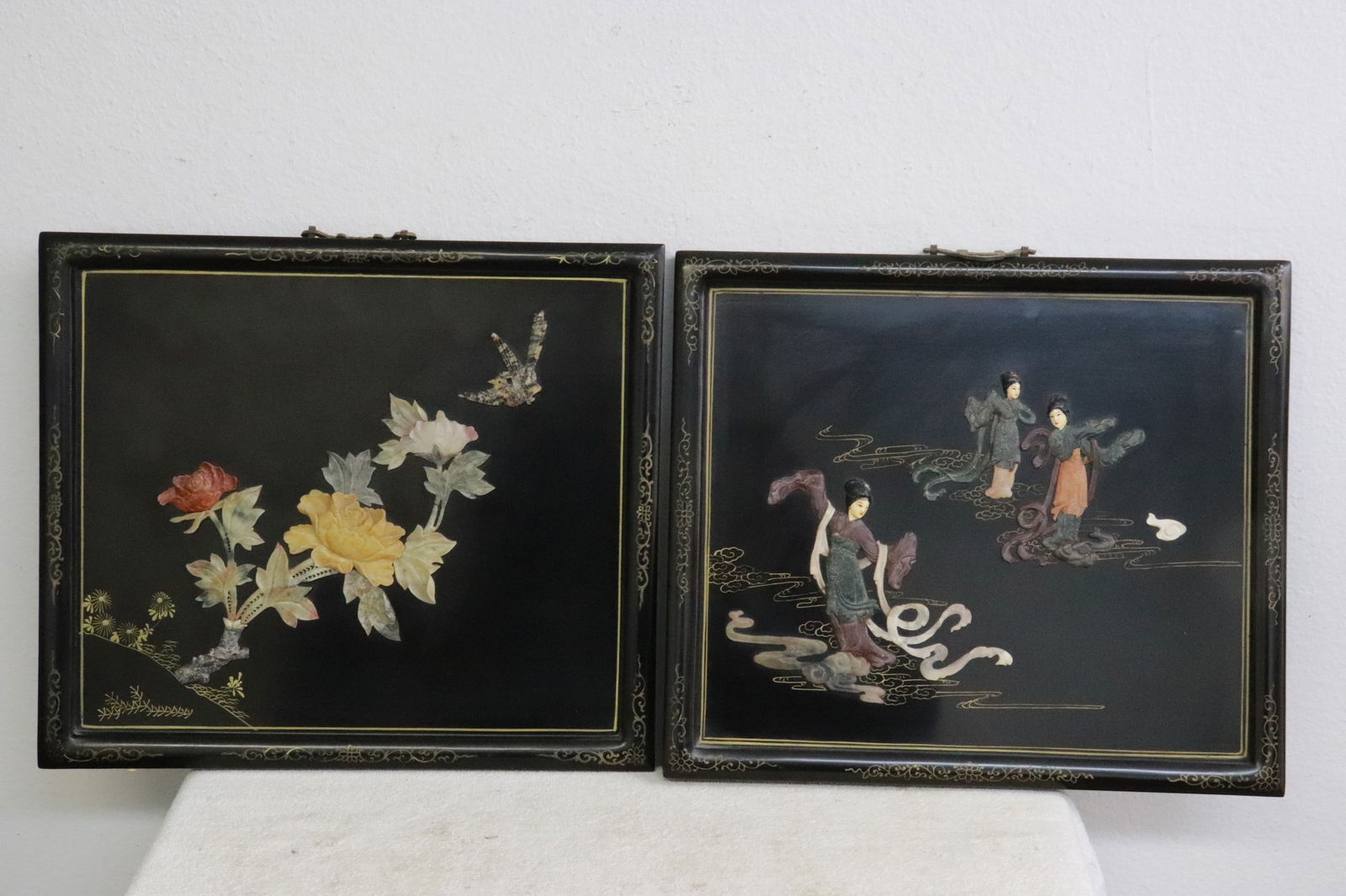 2 Chinese lacquer wall hanging plaques w/ stone overlay (1 of 9)